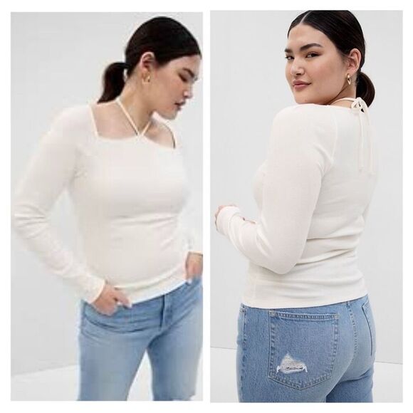 Gap Women's Plus Size Cream Modern Cut-Out Halter Long Sleeve Tee Size XXL NWOT - Picture 2 of 8